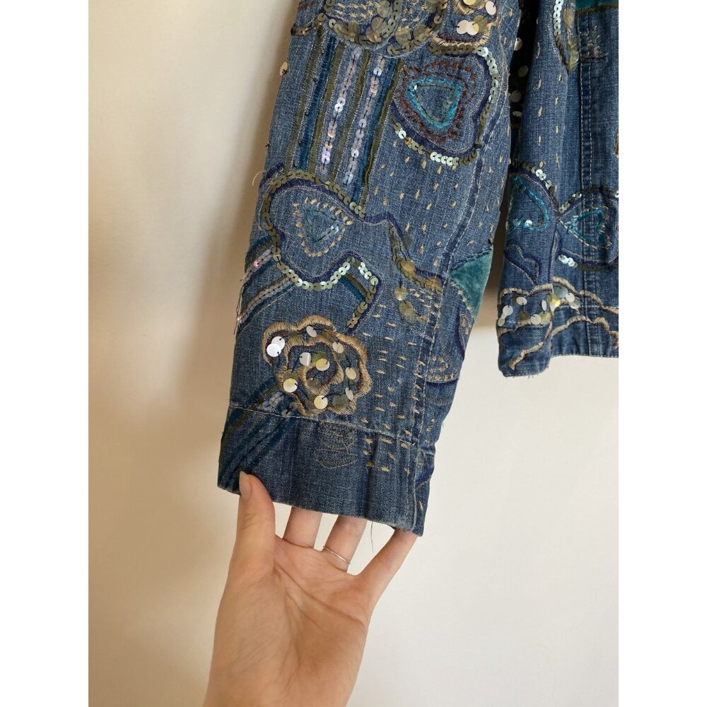 Chico’s Design Denim Jacket Size 2 Embellished Felt & Bedazzled Details - Picture 7 of 14